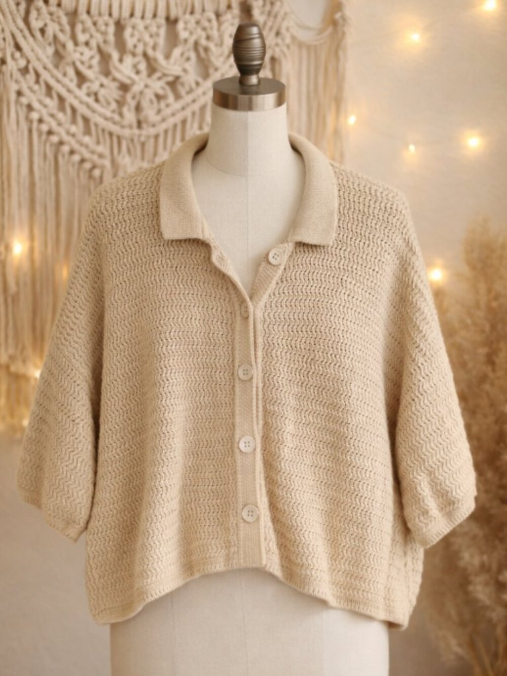 Halogen Beige Cotton Knit Cropped Sweater Cardigan M Boho Chic Relaxed Neutral